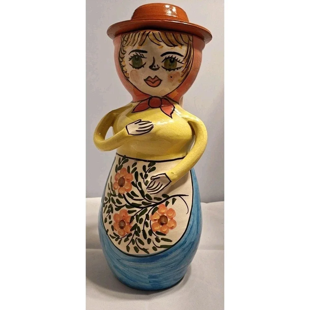 Vintage Portugal Folk Art Clay Woman‎ Pitcher with Hat Lid Hand Painted 12in